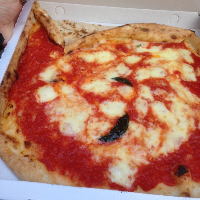 Pizza Margherita from Di Matteo (in a takeaway box)