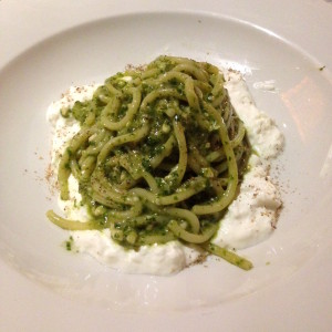 Spaghetti with pesto and stracciatella di bufala